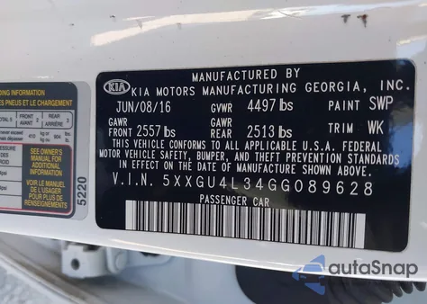 2016 Kia Optima Ex z USA, uszkodzony, nr VIN 5XXGU4L34GG089628